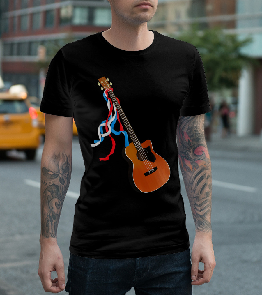Acoustic Bass Guitar with Red White Blue Ribbons T-Shirt