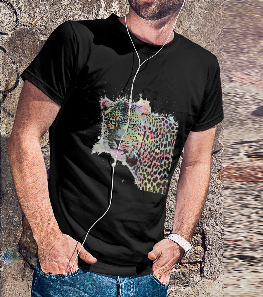 Cool Leopard Animal Watercolor Splatters Colorful Wildlife Expression T-Shirt