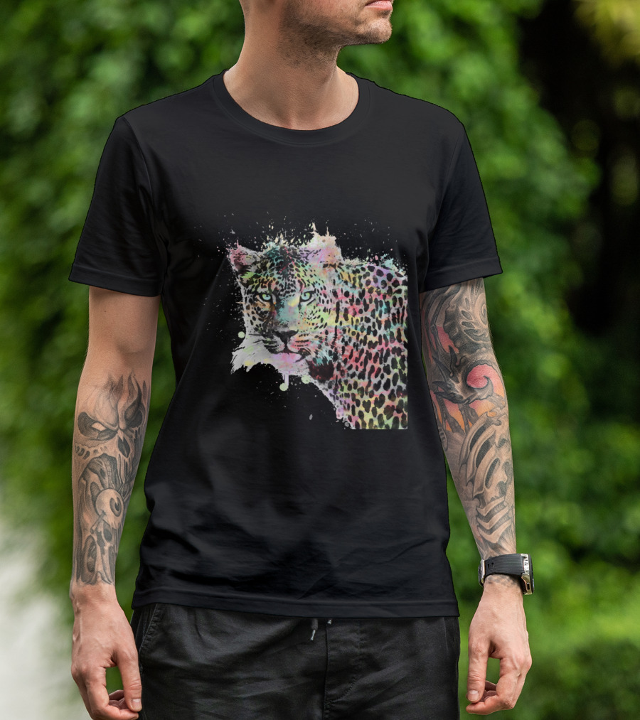 Cool Leopard Animal Watercolor Splatters Colorful Wildlife Expression T-Shirt