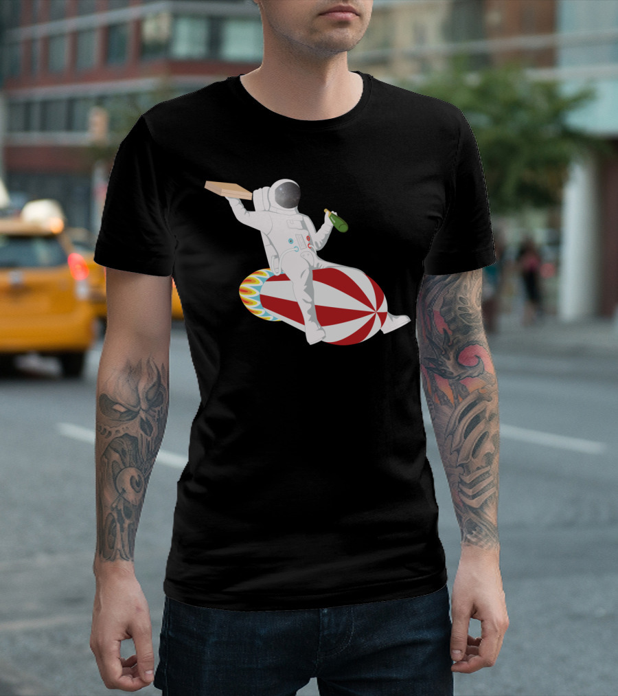 Astronaut Riding Rocket With Pizza And Champagne T-Shirt