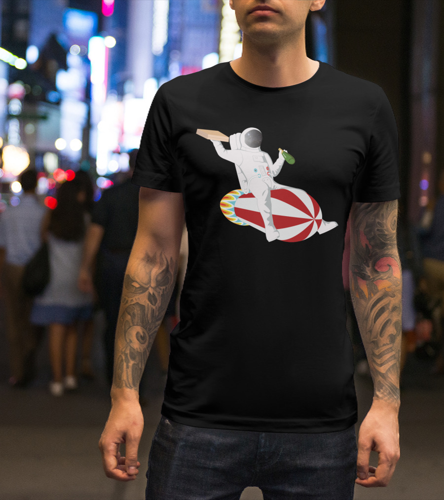 Astronaut Riding Rocket With Pizza And Champagne T-Shirt