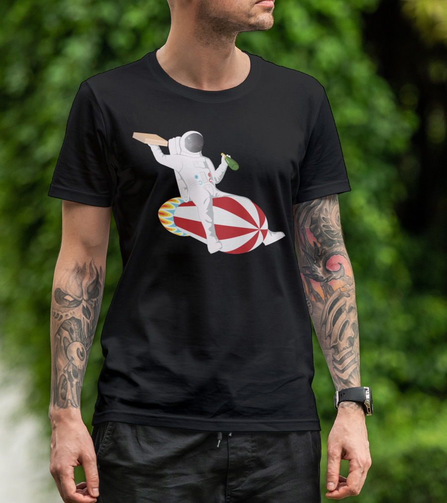 Astronaut Riding Rocket With Pizza And Champagne T-Shirt
