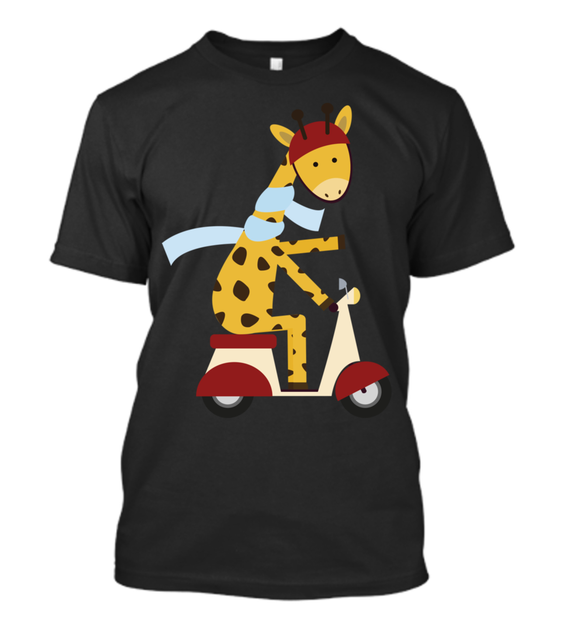 Giraffe Riding Scooter With Red Helmet And Blue Scarf T-Shirt