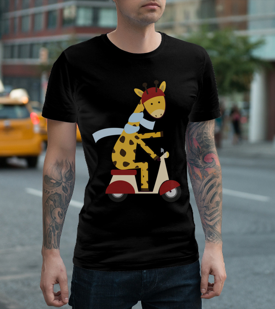 Giraffe Riding Scooter With Red Helmet And Blue Scarf T-Shirt