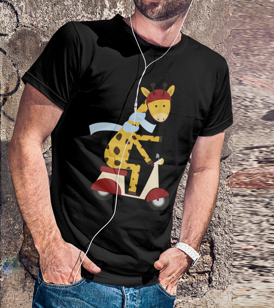 Giraffe Riding Scooter With Red Helmet And Blue Scarf T-Shirt