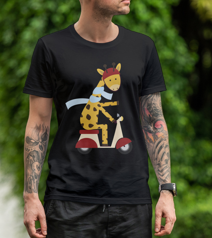 Giraffe Riding Scooter With Red Helmet And Blue Scarf T-Shirt