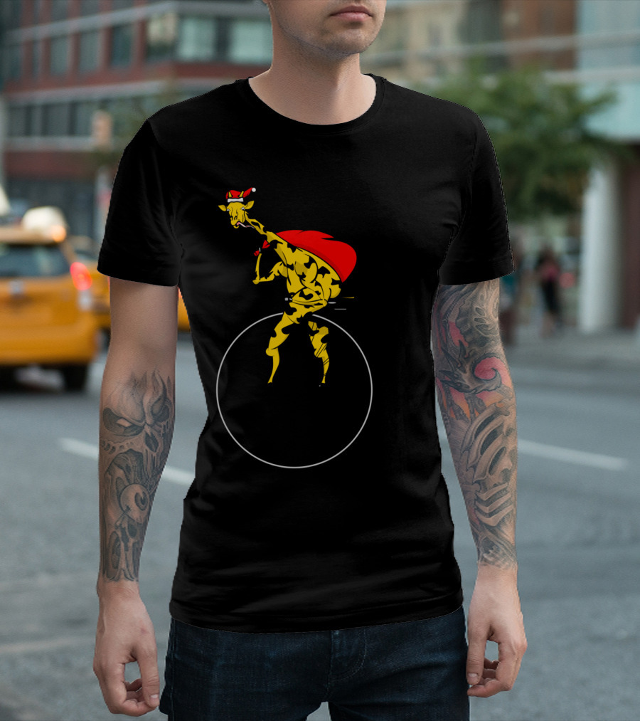 Giraffe Santa Claus Riding Penny-Farthing Bicycle With Large Cape And Holiday Hat T-Shirt