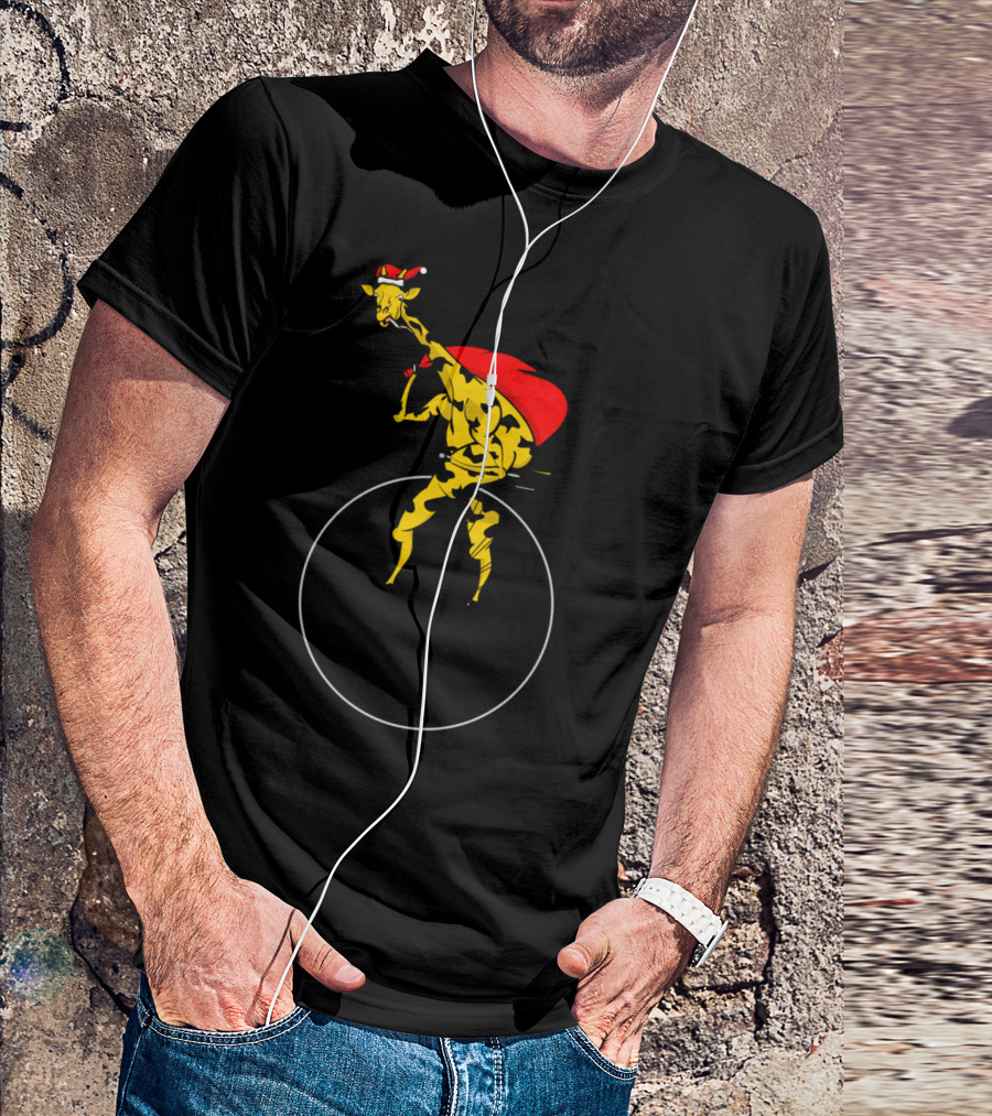 Giraffe Santa Claus Riding Penny-Farthing Bicycle With Large Cape And Holiday Hat T-Shirt
