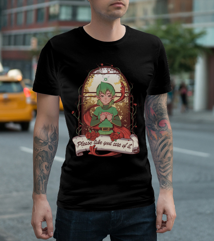 Please Take Good Care Of It Fantasy Elf Holding Heart Surrounded By Roses T-Shirt
