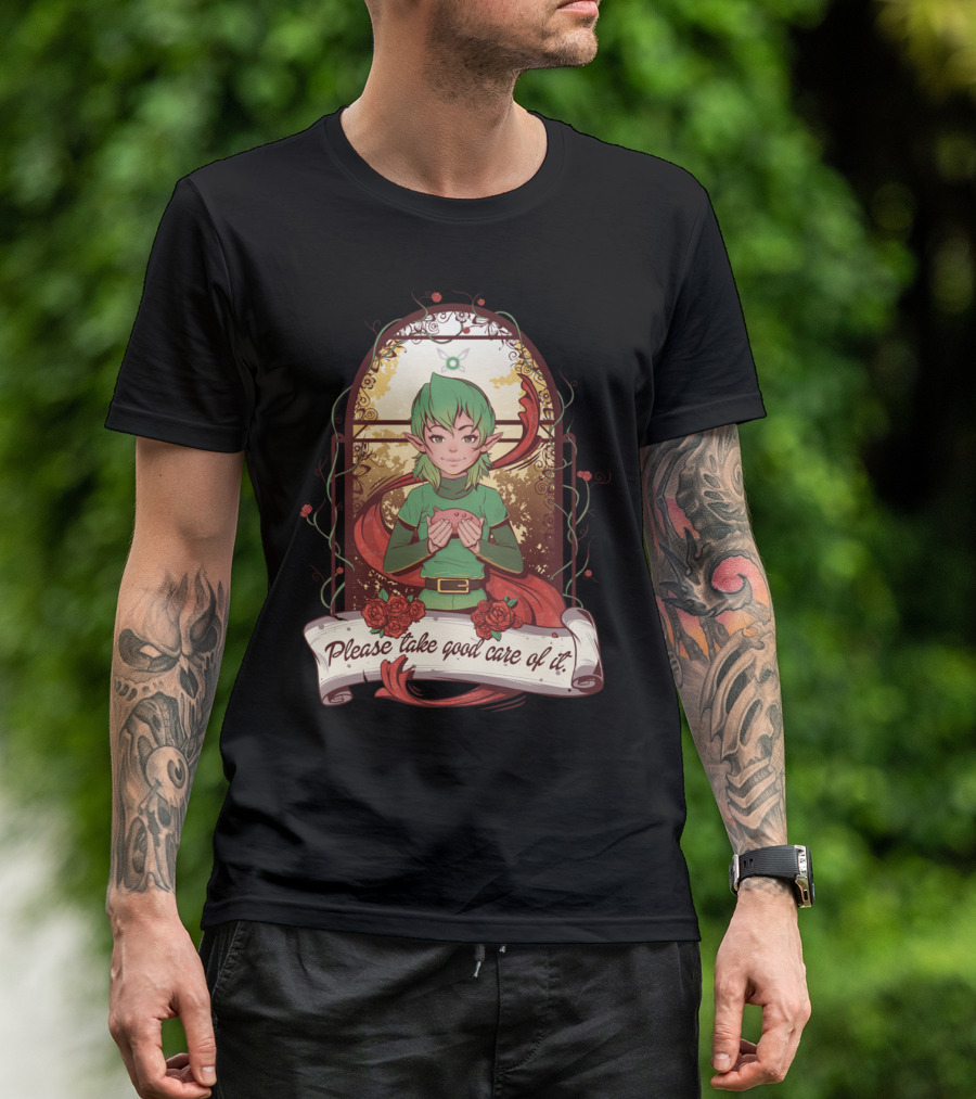 Please Take Good Care Of It Fantasy Elf Holding Heart Surrounded By Roses T-Shirt
