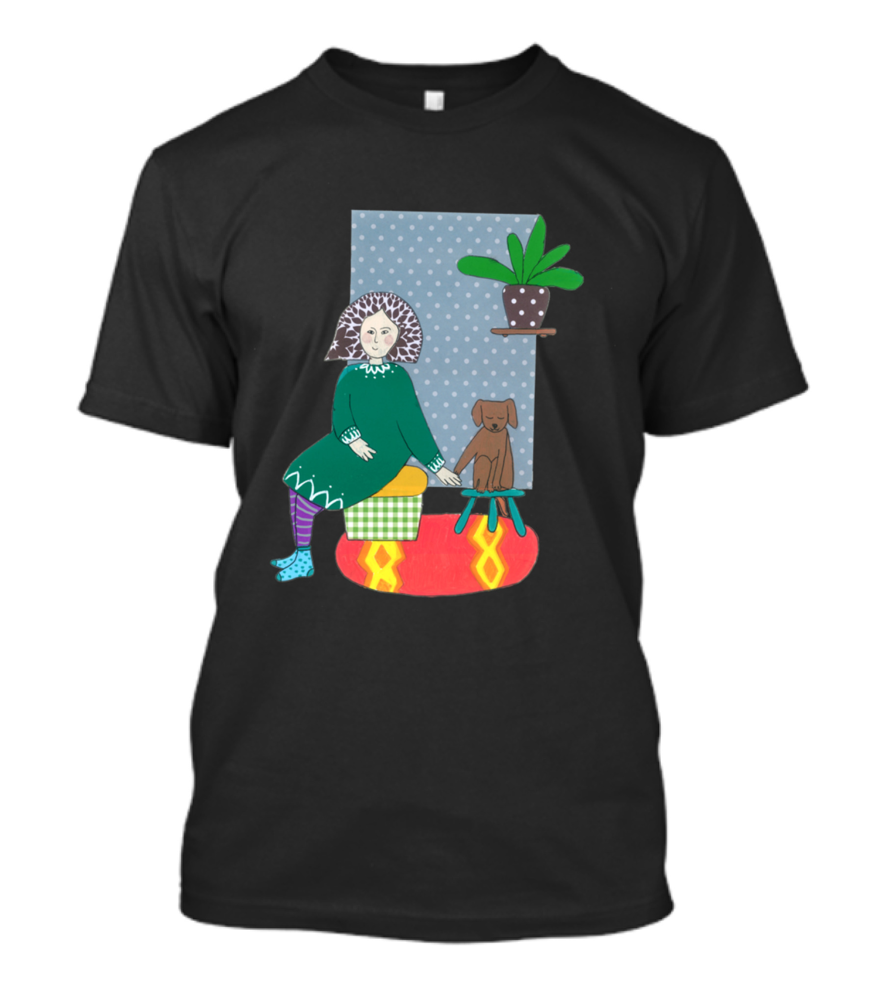 Girl And Her Pet Dog Polka Dot Room Scene T-Shirt