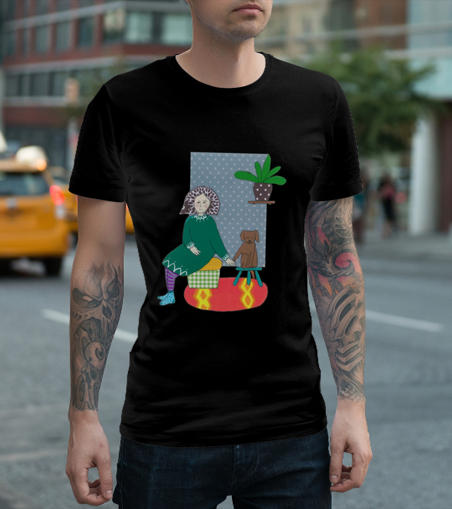 Girl And Her Pet Dog Polka Dot Room Scene T-Shirt