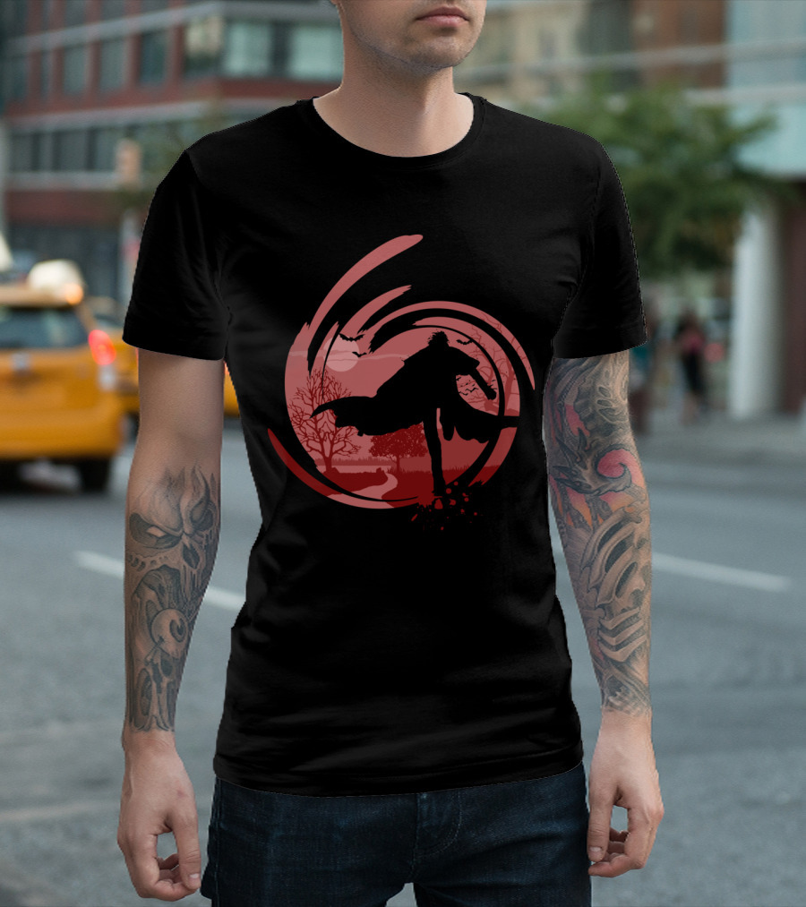The Lord Vampire Of Hermes Silhouette in Red Swirl with Bats and Trees T-Shirt
