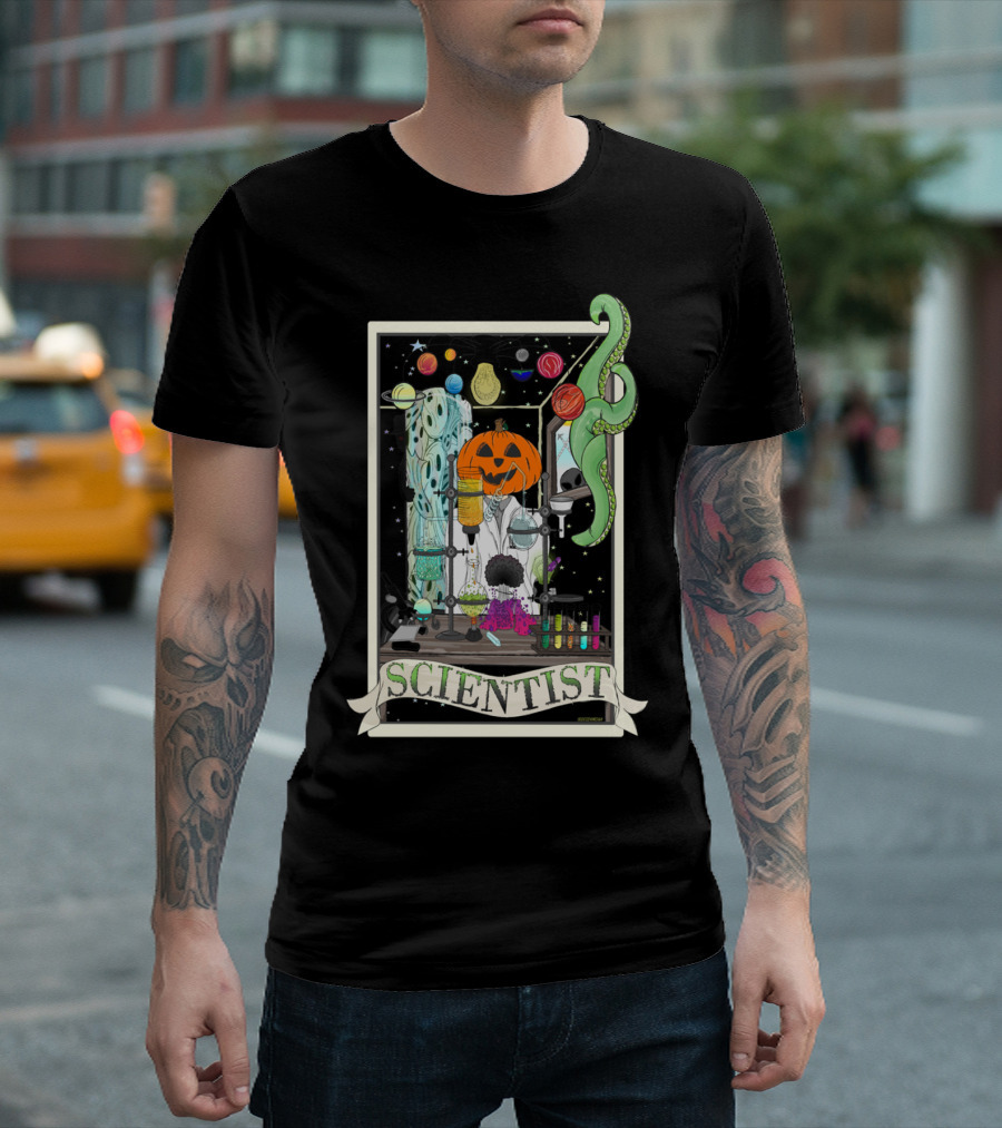 The Mad Scientist Tarot Card with Pumpkin Head and Octopus Laboratory T-Shirt