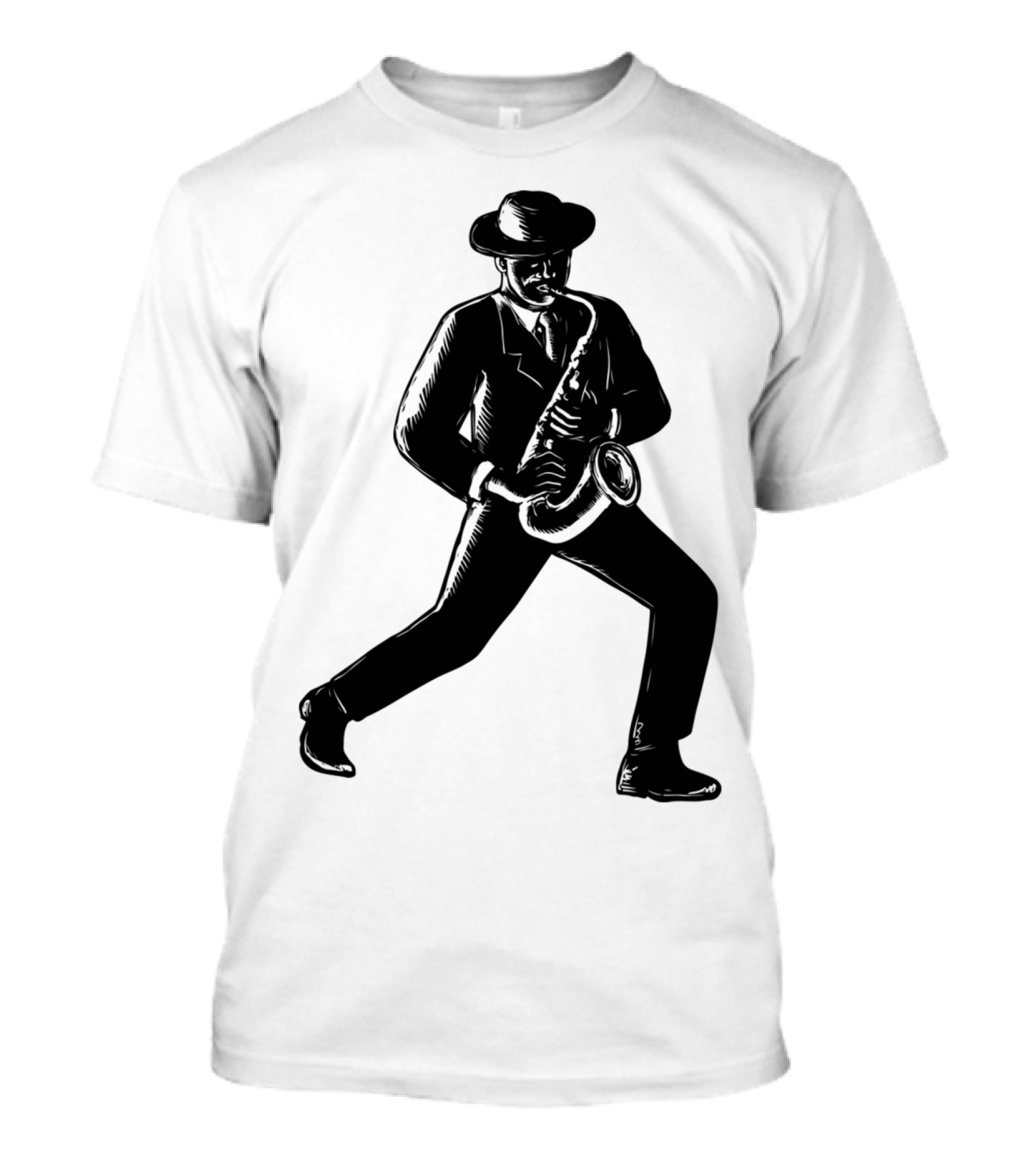 Jazz Musician Playing Saxophone Woodcut T-Shirt