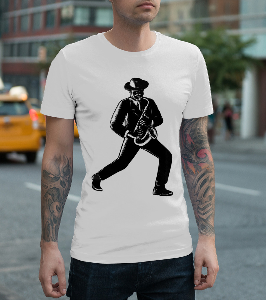 Jazz Musician Playing Saxophone Woodcut T-Shirt
