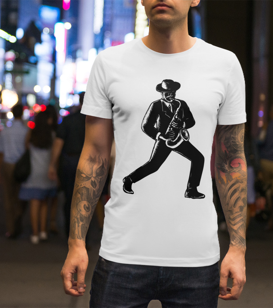 Jazz Musician Playing Saxophone Woodcut T-Shirt