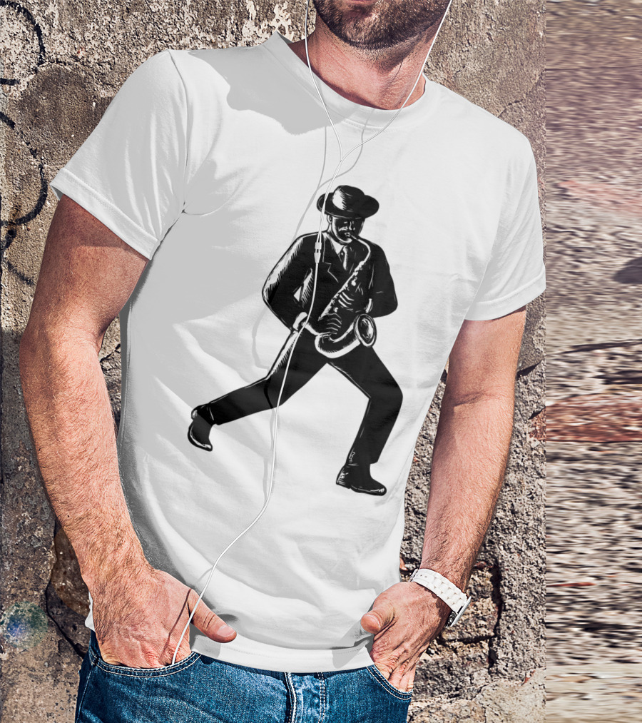 Jazz Musician Playing Saxophone Woodcut T-Shirt
