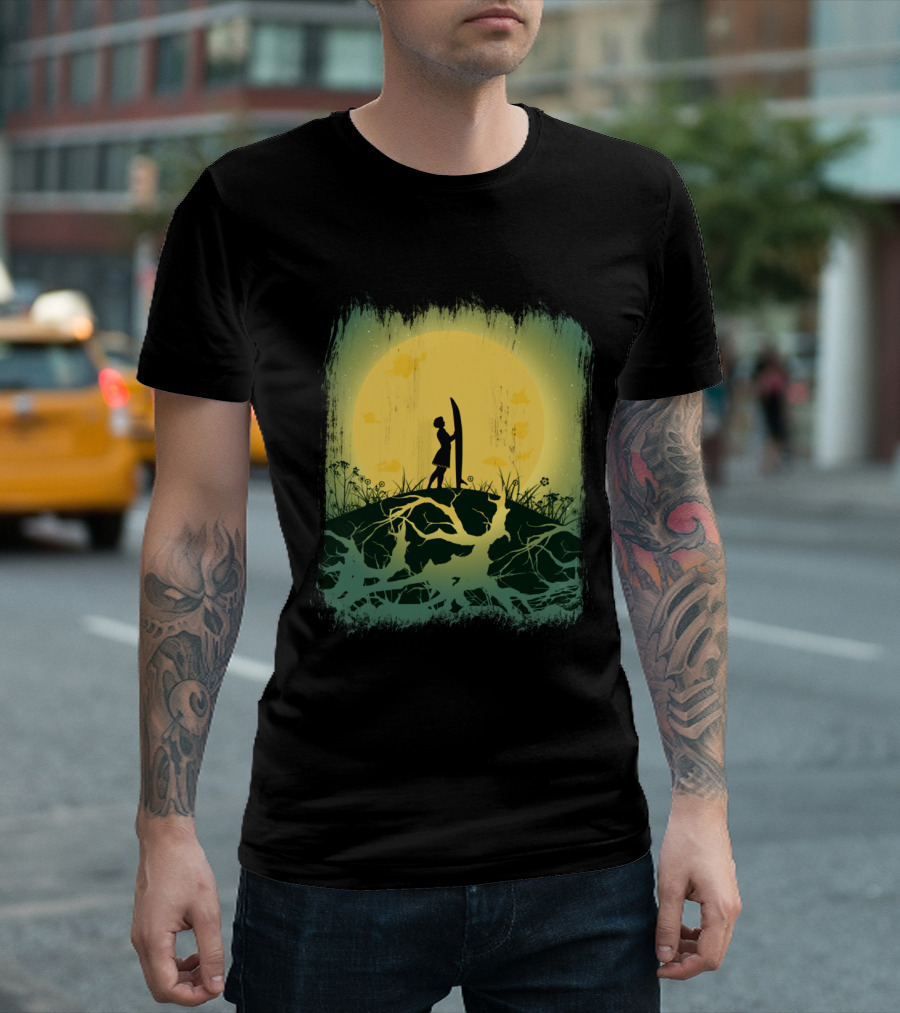 Girl Silhouette with Surfboard Against Blazing Sun and Nature Scene T-Shirt