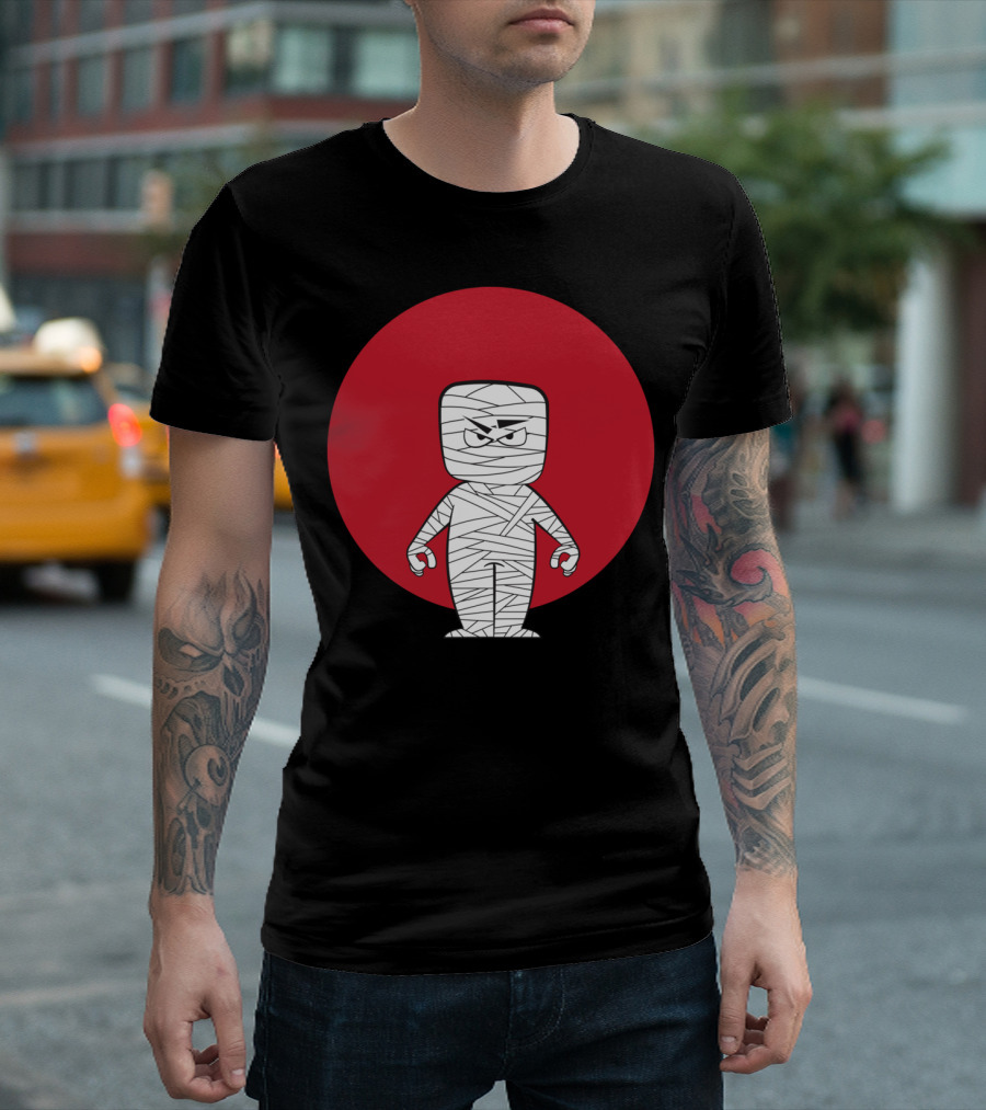 Menacing Mummy Cartoon Character in Red Circle Background T-Shirt