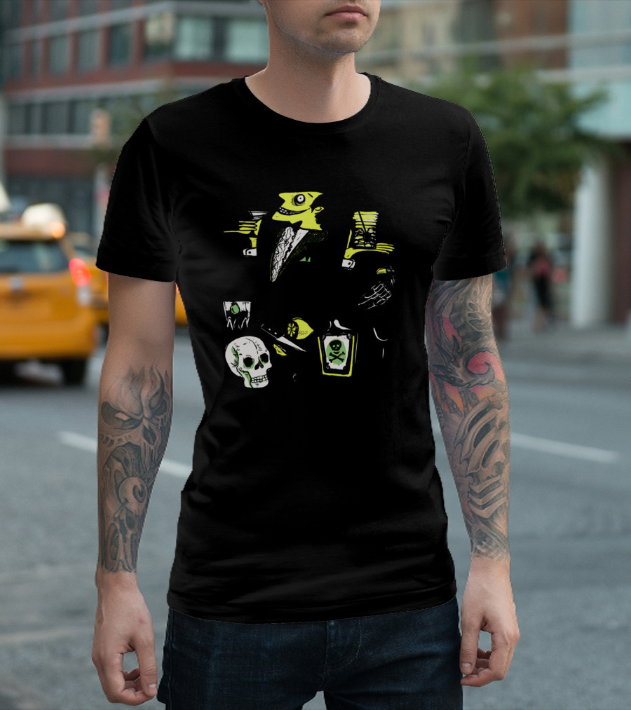 Mad Scientist Drinks Poison with Skull and Raven in Dark Gothic Setting T-Shirt