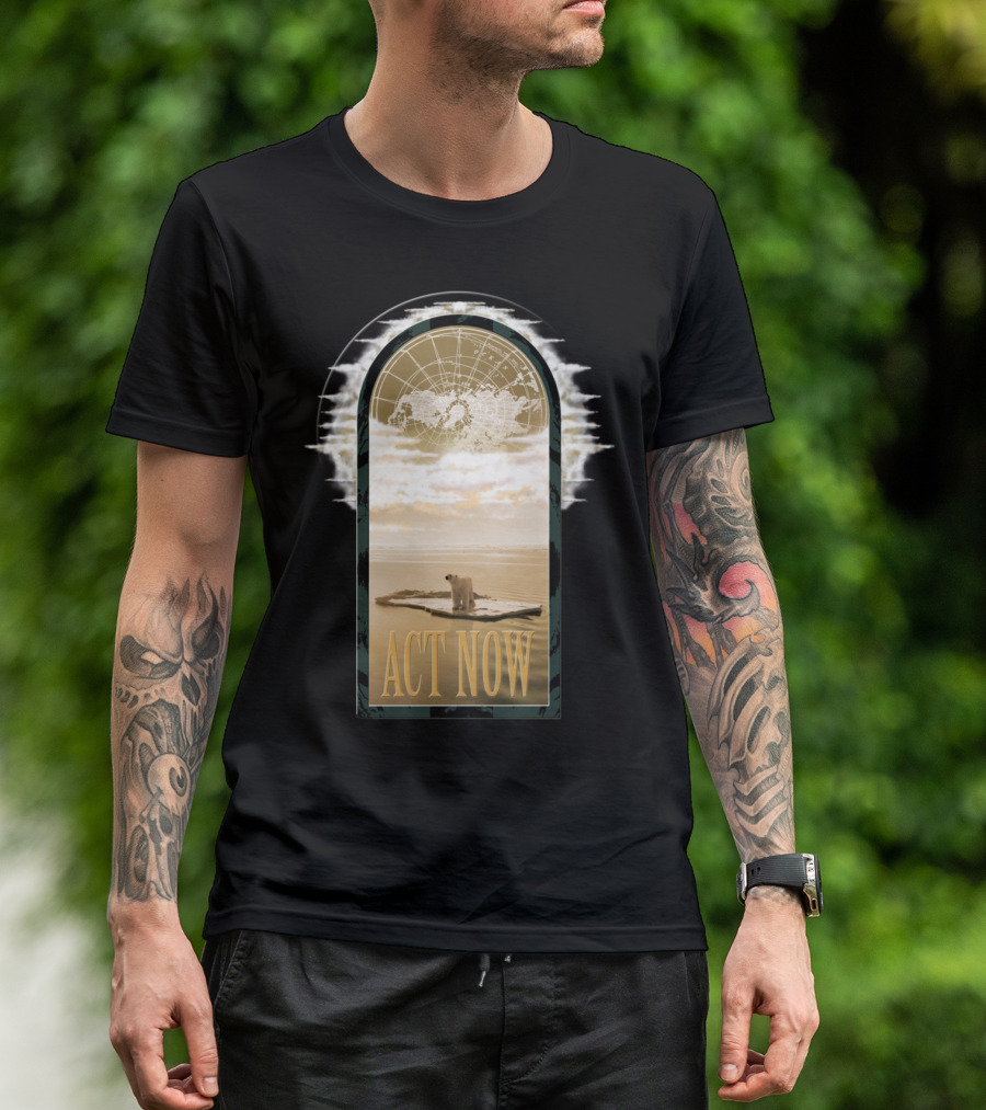 ACT NOW Polar Bear On Melting Ice Global Map Background T-Shirt