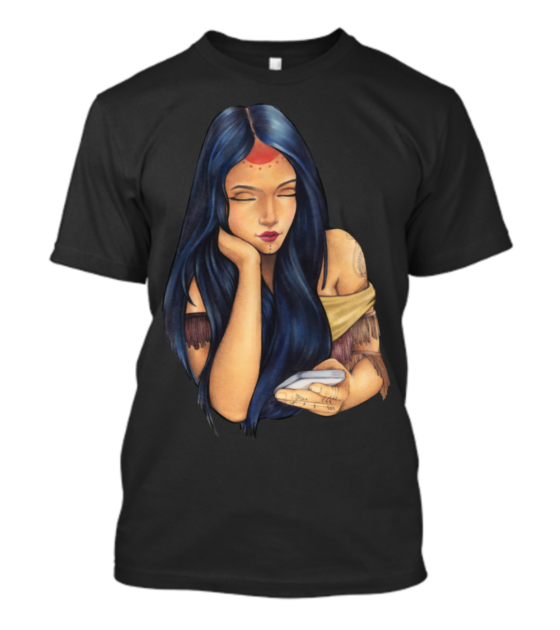 Pocahontas Style Blue Hair Woman With Mobile Device T-Shirt