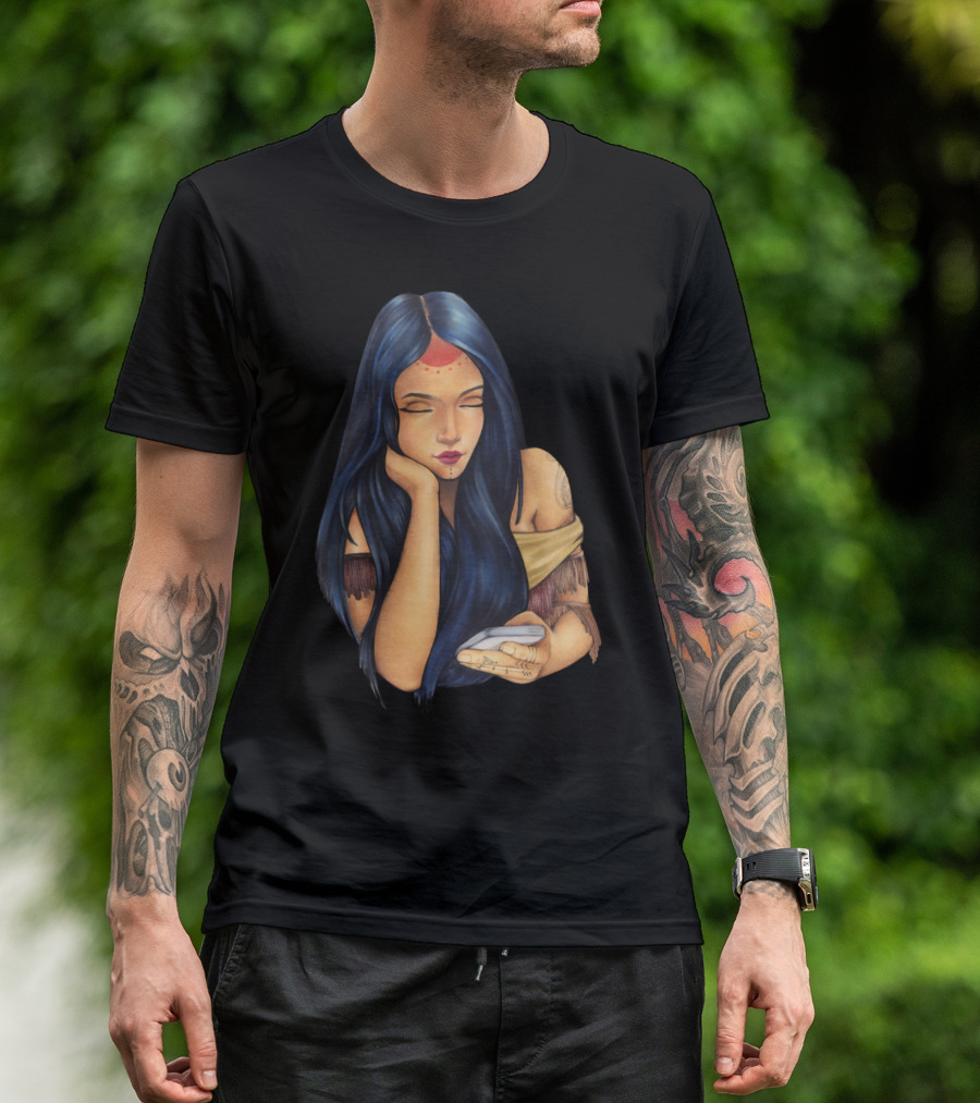 Pocahontas Style Blue Hair Woman With Mobile Device T-Shirt