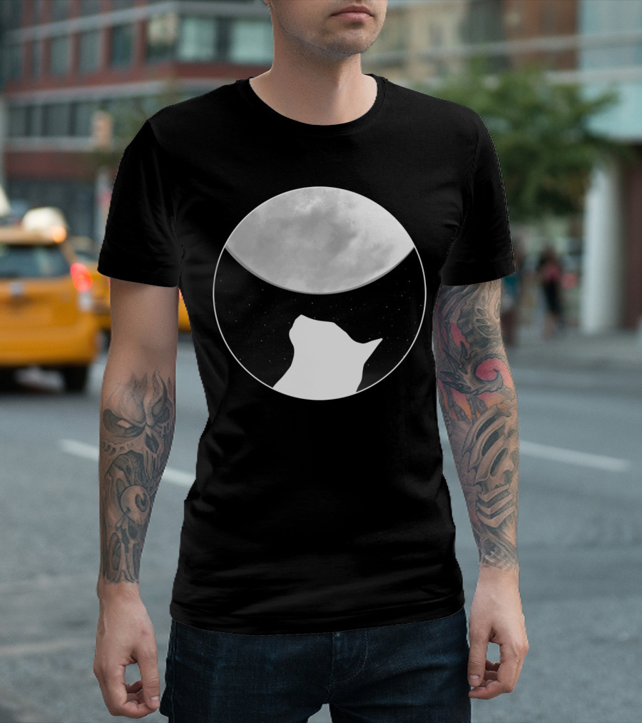 Black And White Dreaming Cat Under Starry Moon T-Shirt