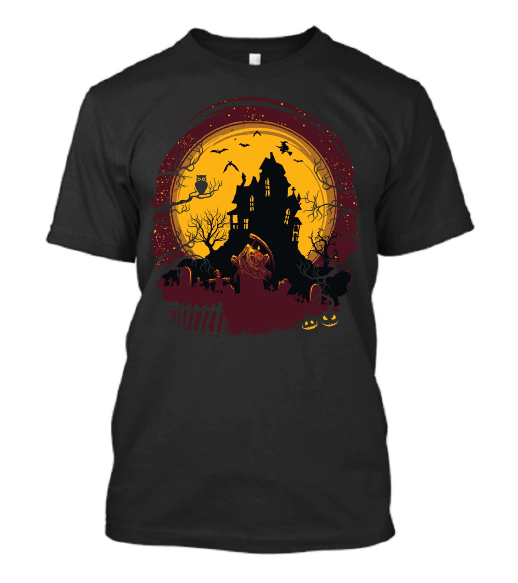 Grim Reaper And Haunted House Under Full Moon With Bats Owls And Jack-O'-Lanterns T-Shirt