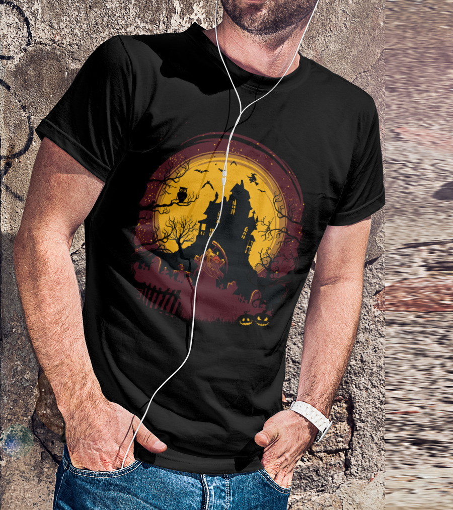 Grim Reaper And Haunted House Under Full Moon With Bats Owls And Jack-O'-Lanterns T-Shirt