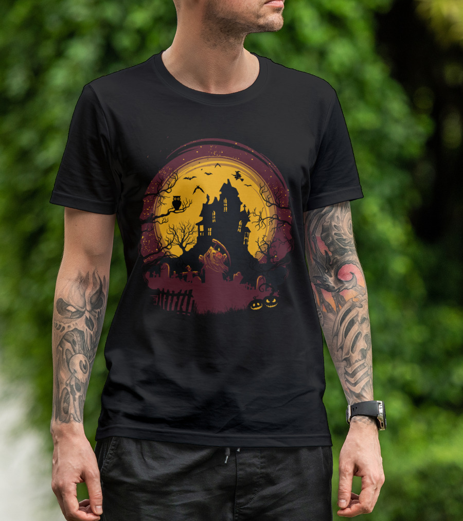 Grim Reaper And Haunted House Under Full Moon With Bats Owls And Jack-O'-Lanterns T-Shirt