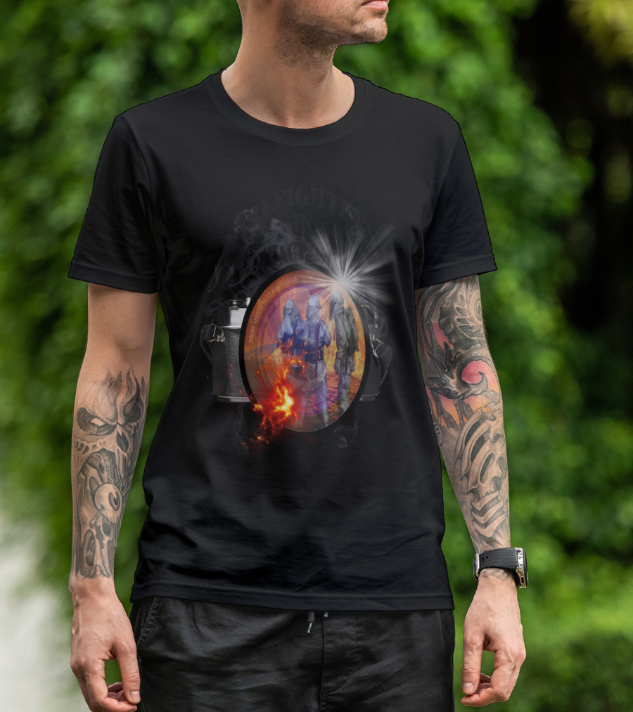 Firefighters In Action Camera Lens Reflection Blaze Explosion T-Shirt