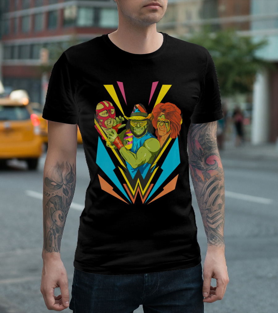 Classic Wrestlings Lucha Masked Stars And Colorful Lightning Icons T-Shirt