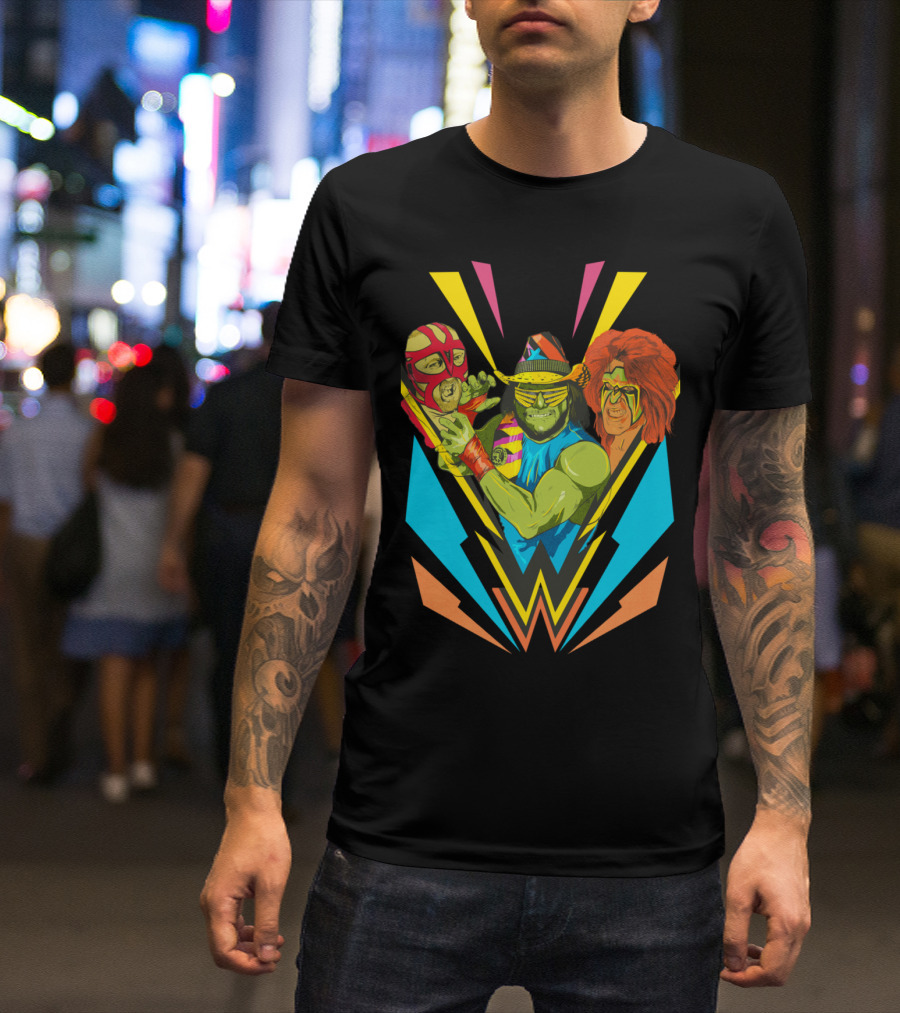 Classic Wrestlings Lucha Masked Stars And Colorful Lightning Icons T-Shirt