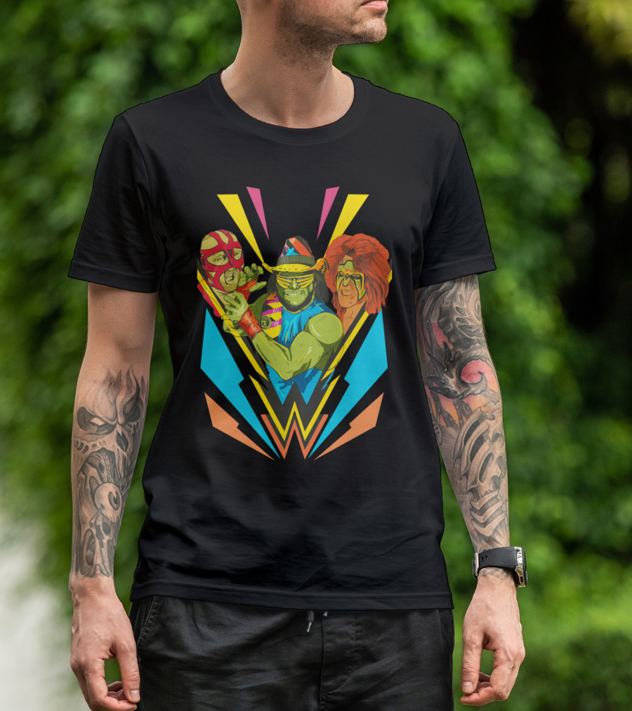 Classic Wrestlings Lucha Masked Stars And Colorful Lightning Icons T-Shirt