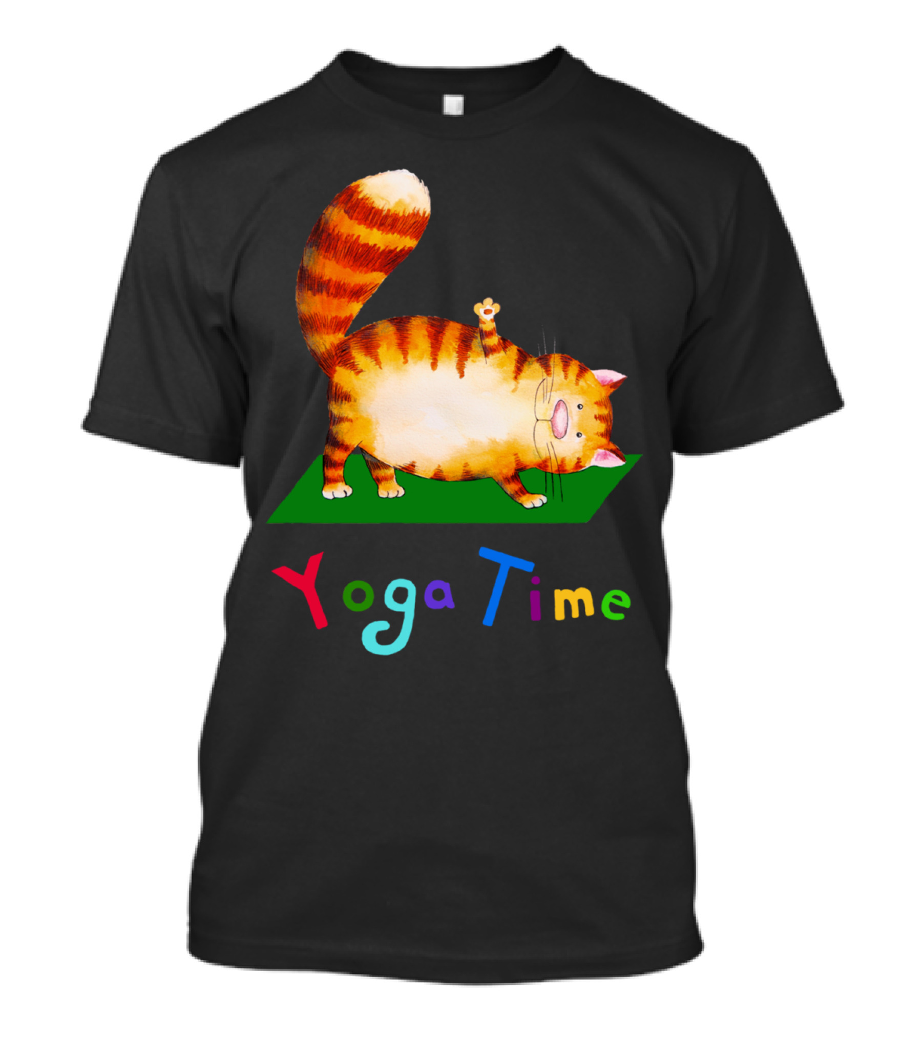 Yoga Time Cat Stretching On Green Mat T-Shirt