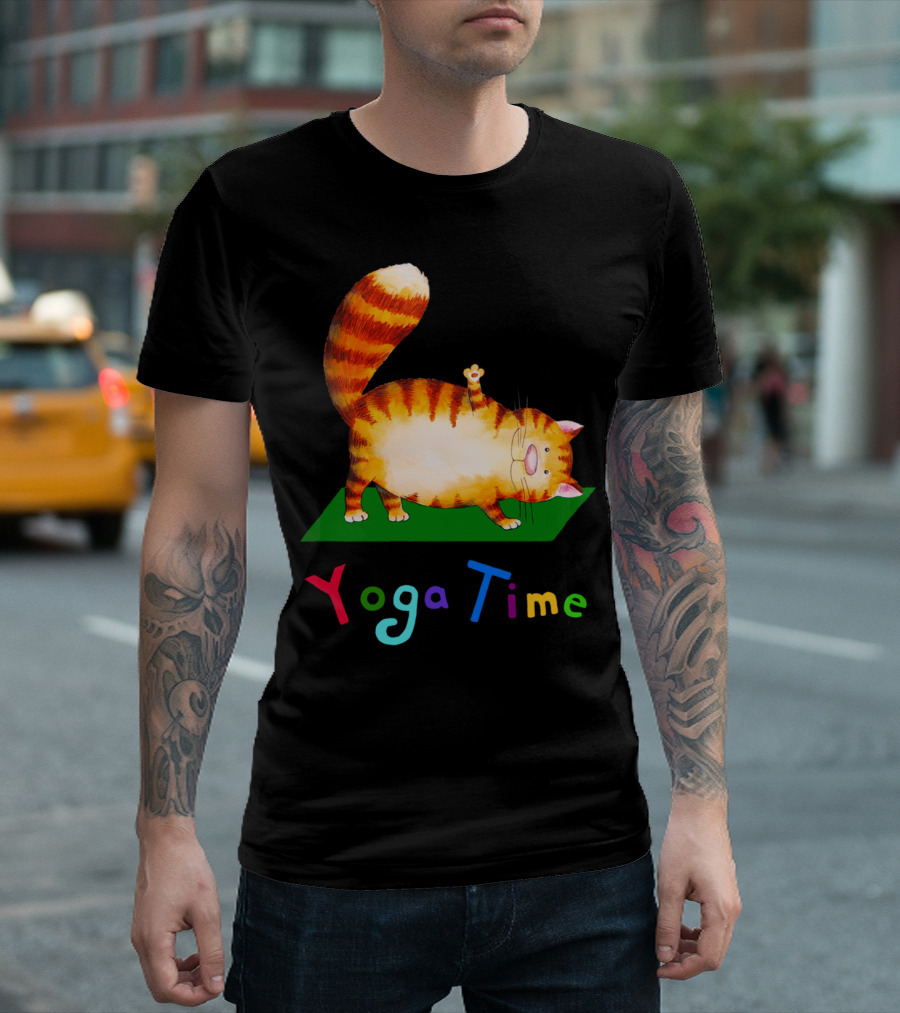Yoga Time Cat Stretching On Green Mat T-Shirt