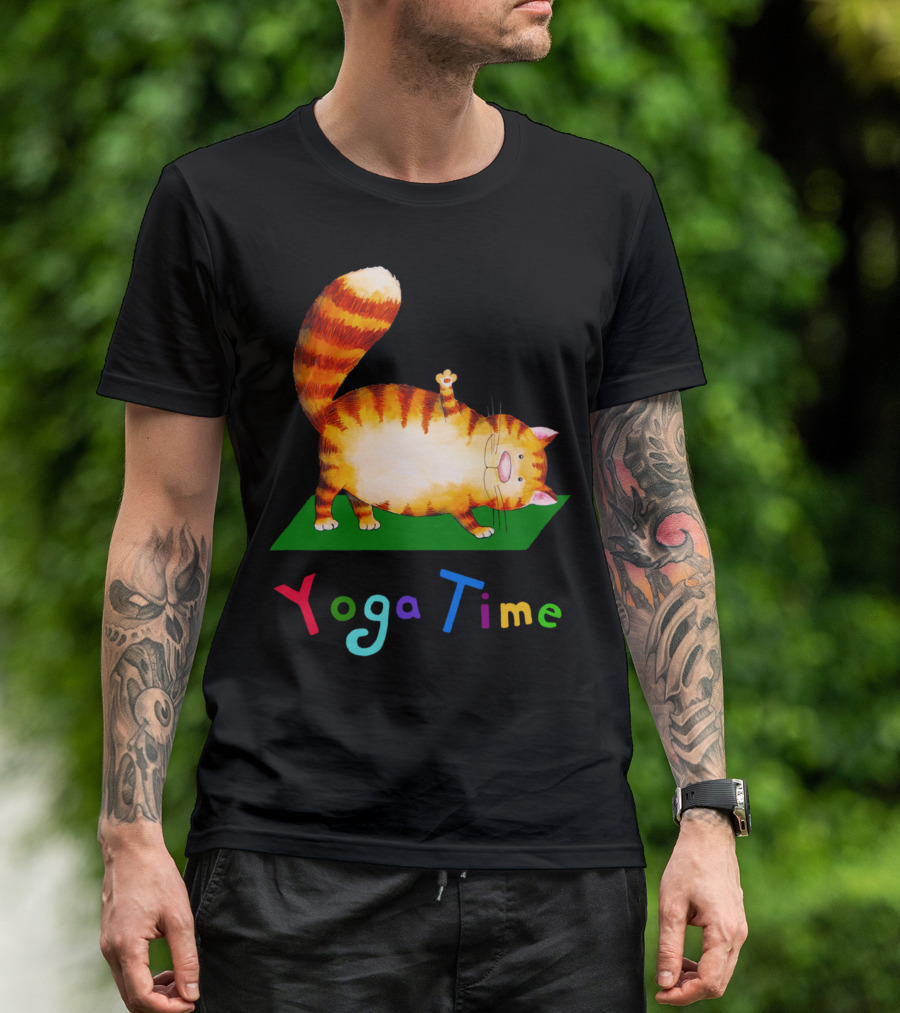 Yoga Time Cat Stretching On Green Mat T-Shirt