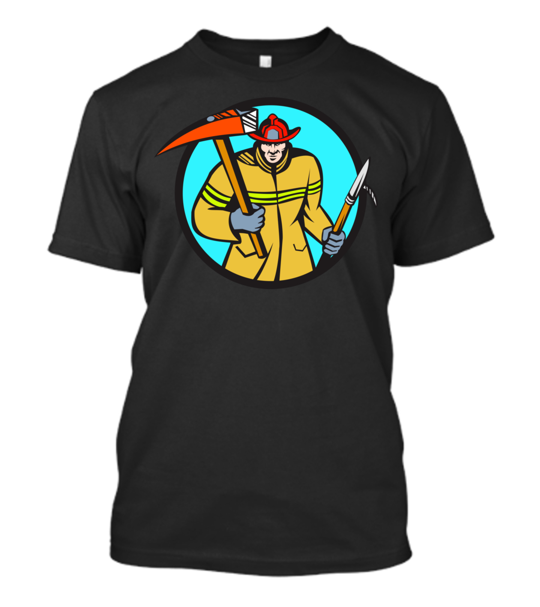 Fireman Firefighter With Fire Axe And Hook In Circle T-Shirt