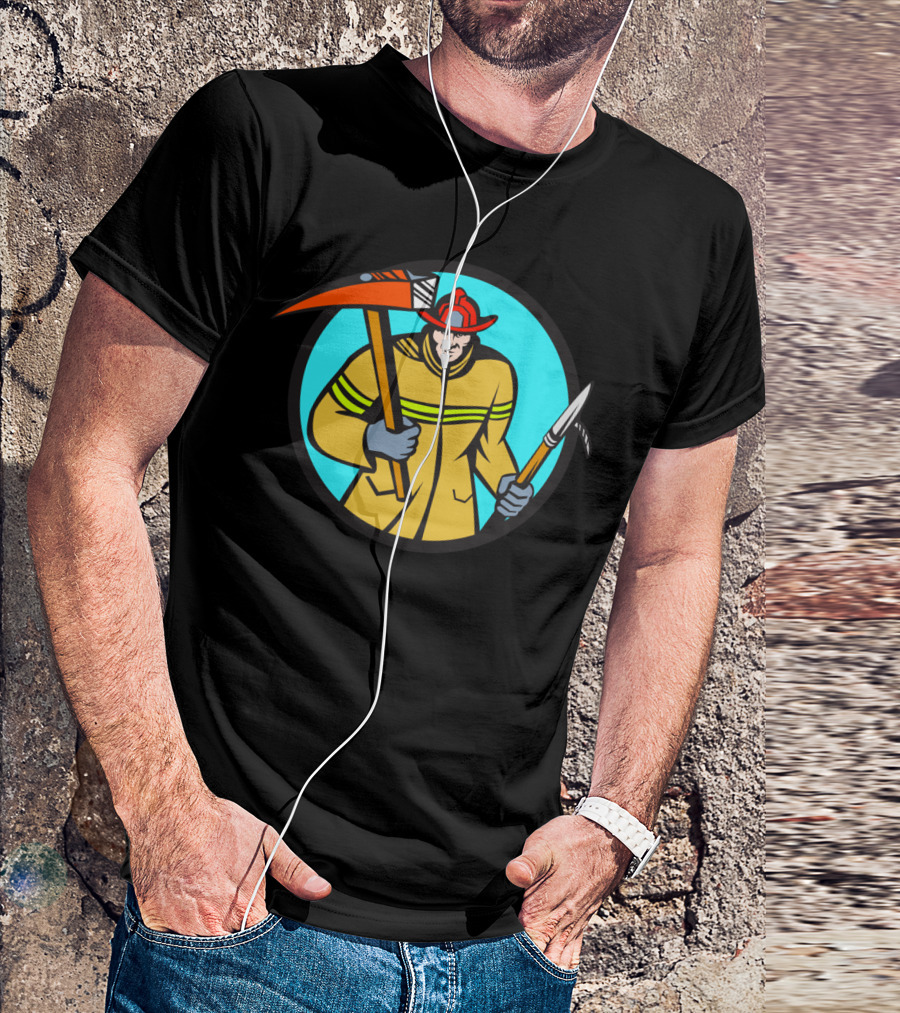 Fireman Firefighter With Fire Axe And Hook In Circle T-Shirt