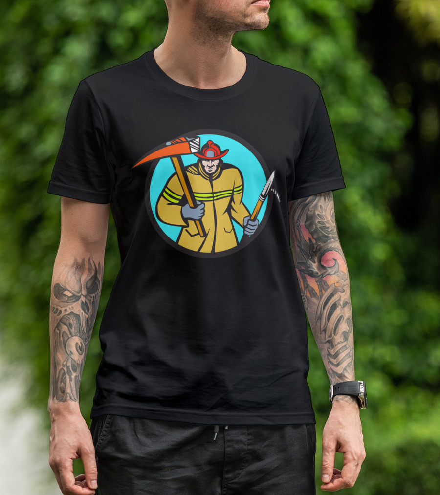Fireman Firefighter With Fire Axe And Hook In Circle T-Shirt