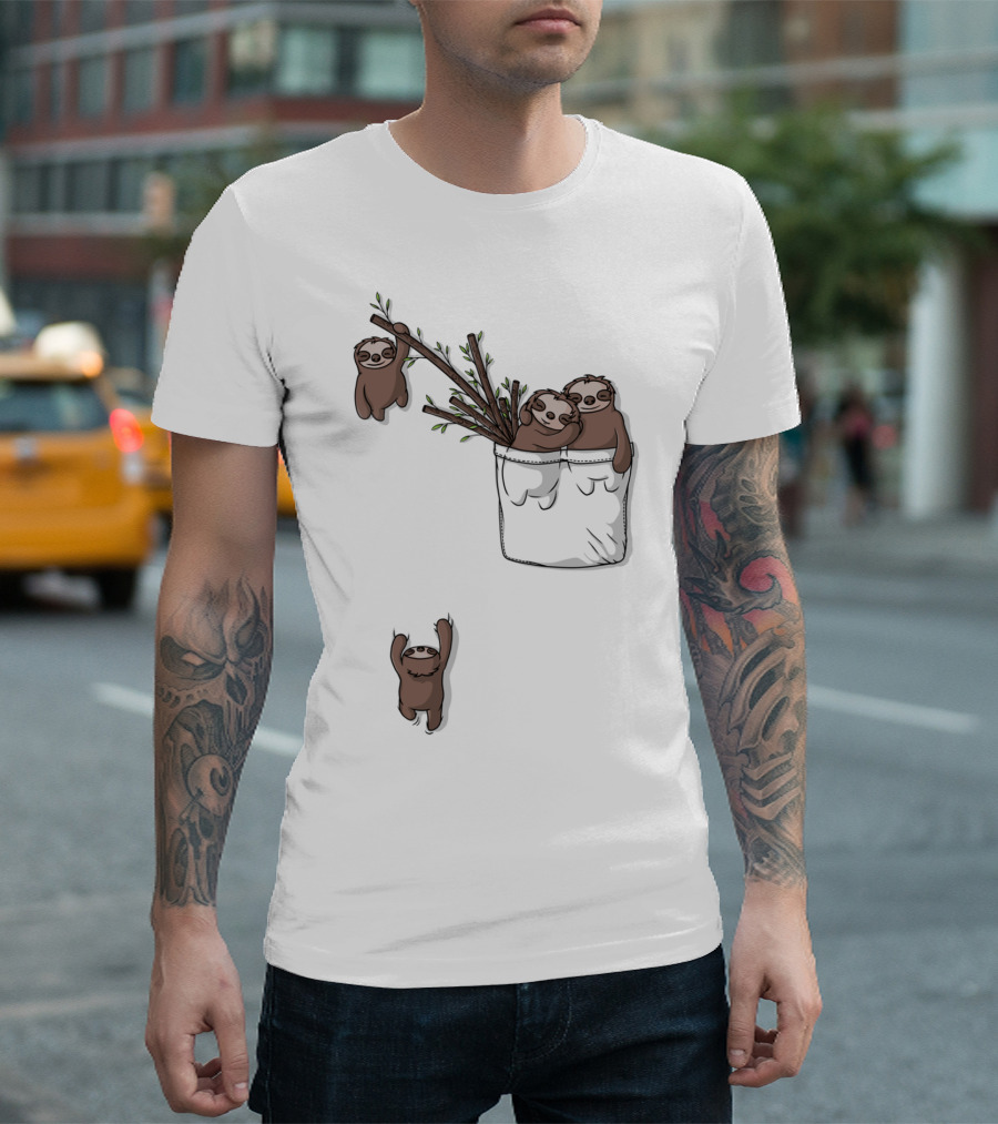 Pocket Sloth Family Hanging from Branches T-Shirt