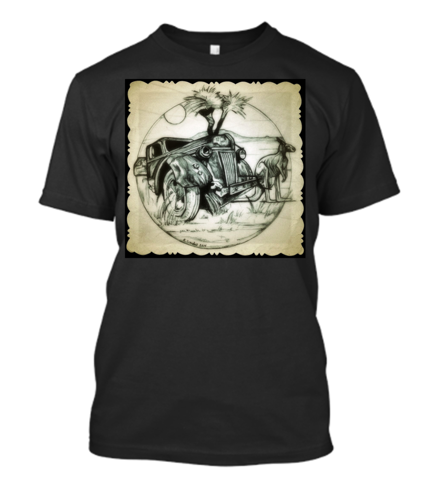 Australia Bound Vintage Car And Kangaroo Scene Desert Landscape Sketch T-Shirt