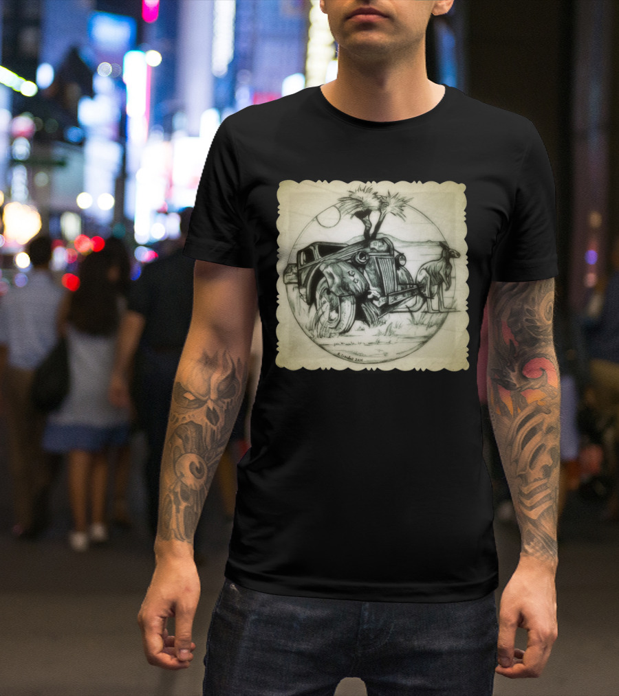 Australia Bound Vintage Car And Kangaroo Scene Desert Landscape Sketch T-Shirt