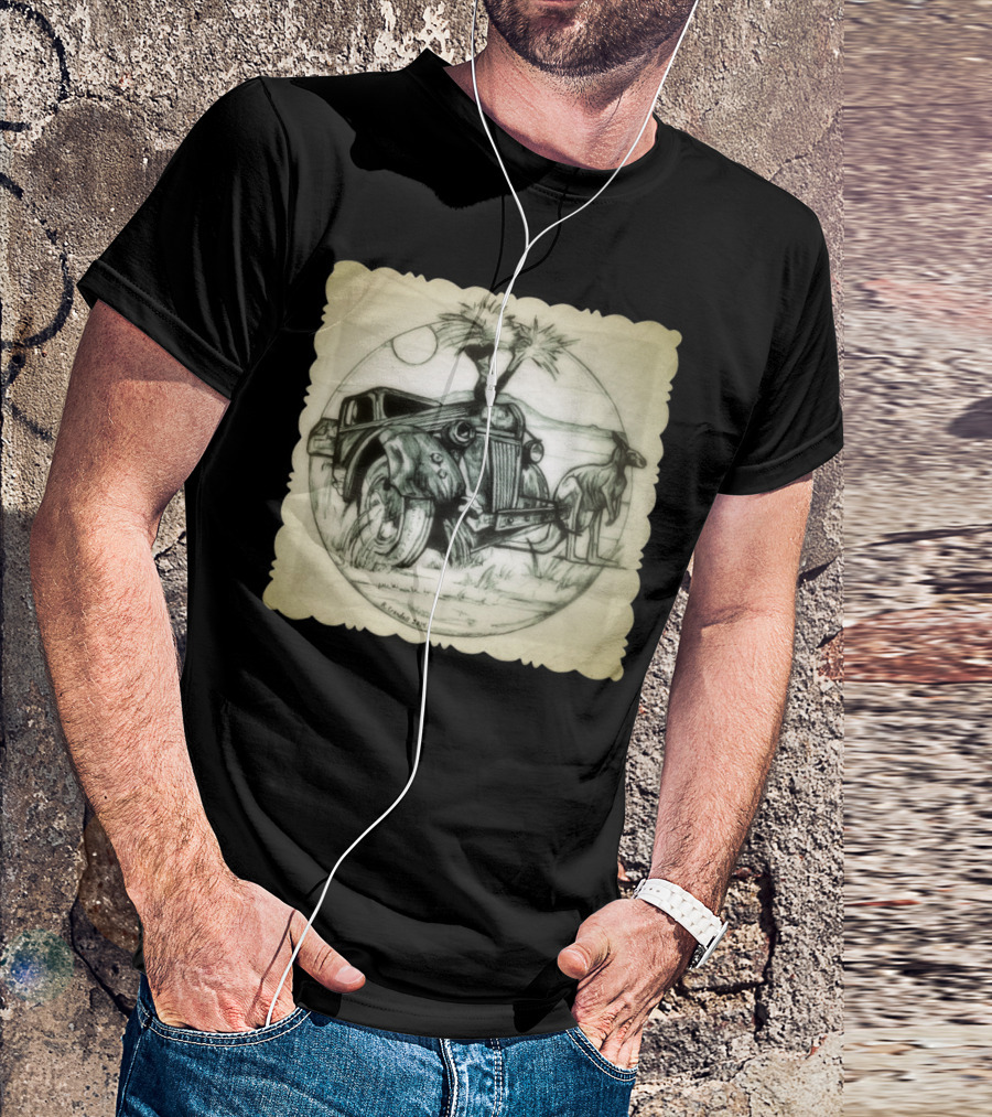 Australia Bound Vintage Car And Kangaroo Scene Desert Landscape Sketch T-Shirt