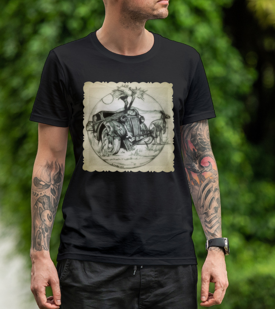 Australia Bound Vintage Car And Kangaroo Scene Desert Landscape Sketch T-Shirt