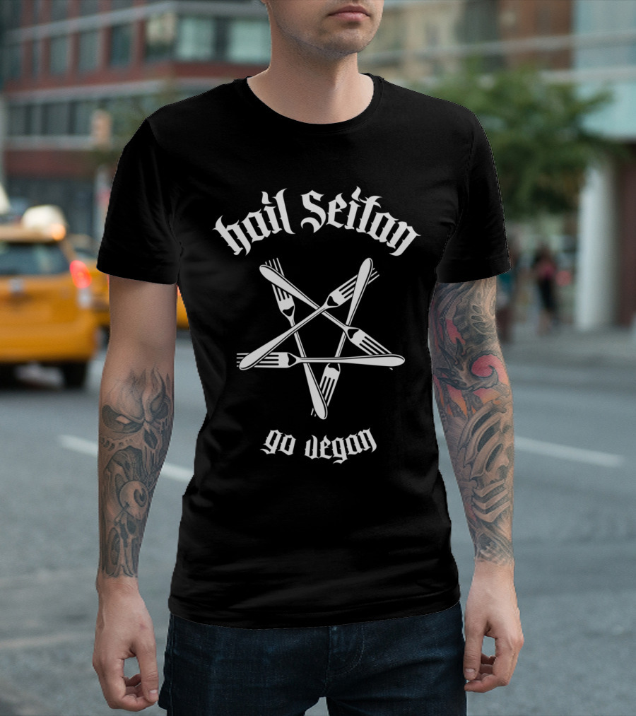 Hail Seitan Go Vegan Fork Star Pentagram T-Shirt