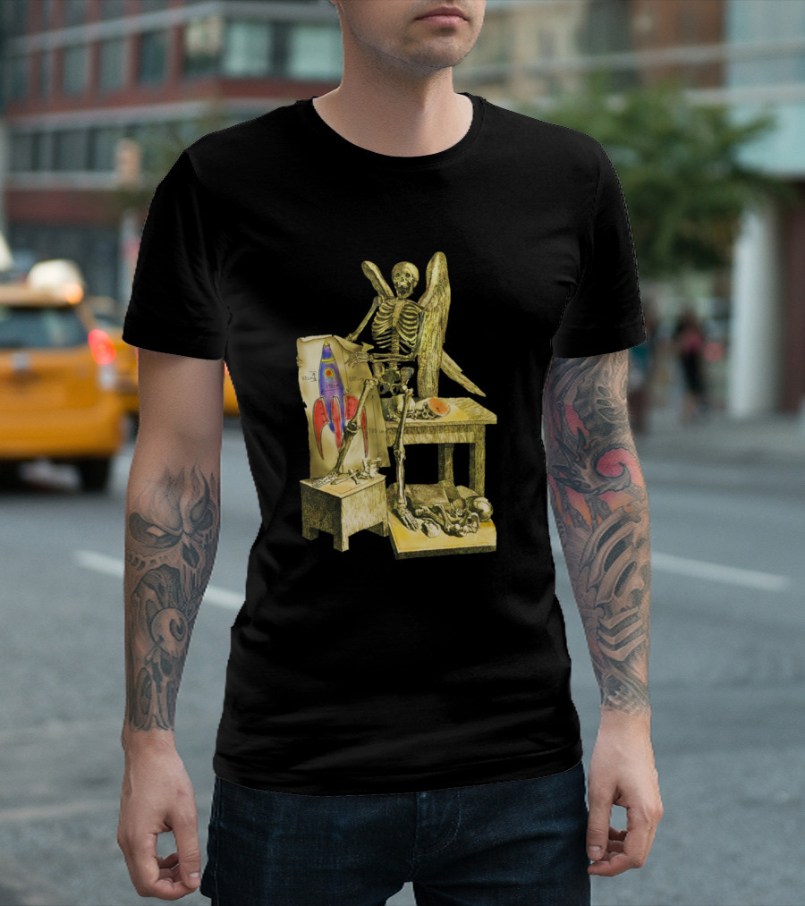 Messenger Skeleton with Rocket Blueprint and Angel Wings T-Shirt