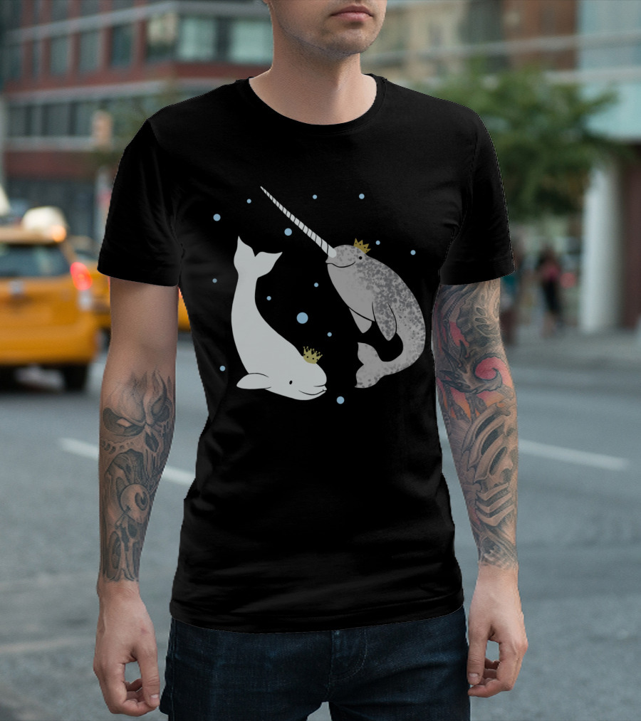 The Prince And Princess Of Whales Featuring Crowned Beluga And Narwhal With Bubbles T-Shirt